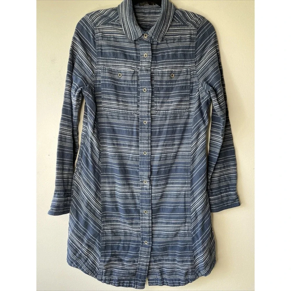 prAna Shirt Dress Women Small Blue White Striped Long Sleeve Tunic Boho Gorpcore